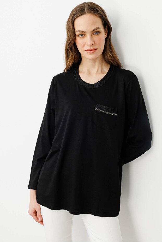 Women's Crew Neck Pocket and Collar Glitter Striped Combed Cotton Blouse Black