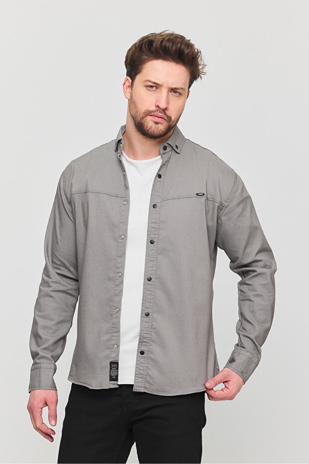 Slim Fit Men's Pocketless Denim Shirt Gray