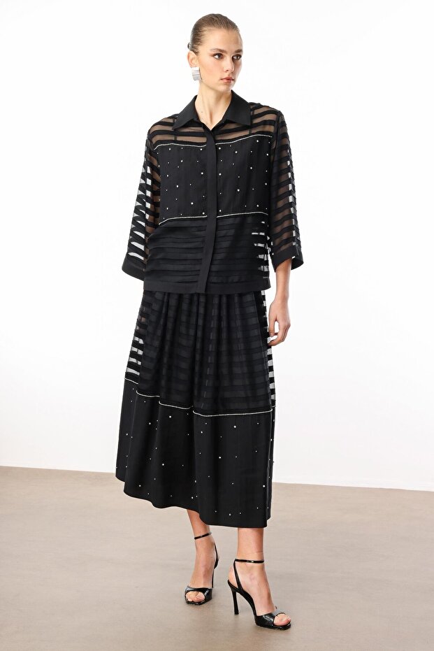 Modailgi İşleme ve Şerit Aksesuarlı Kısa Gömlek Siyah - 3