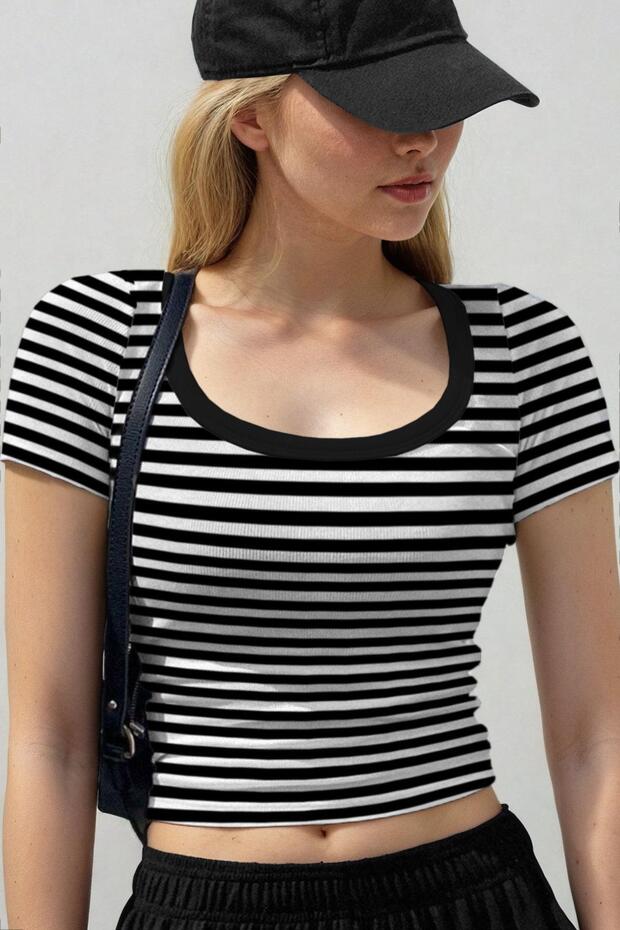 Women's Thick Striped Black-White U-Neck Short Sleeve Ribbed Camisole Body T-Shirt