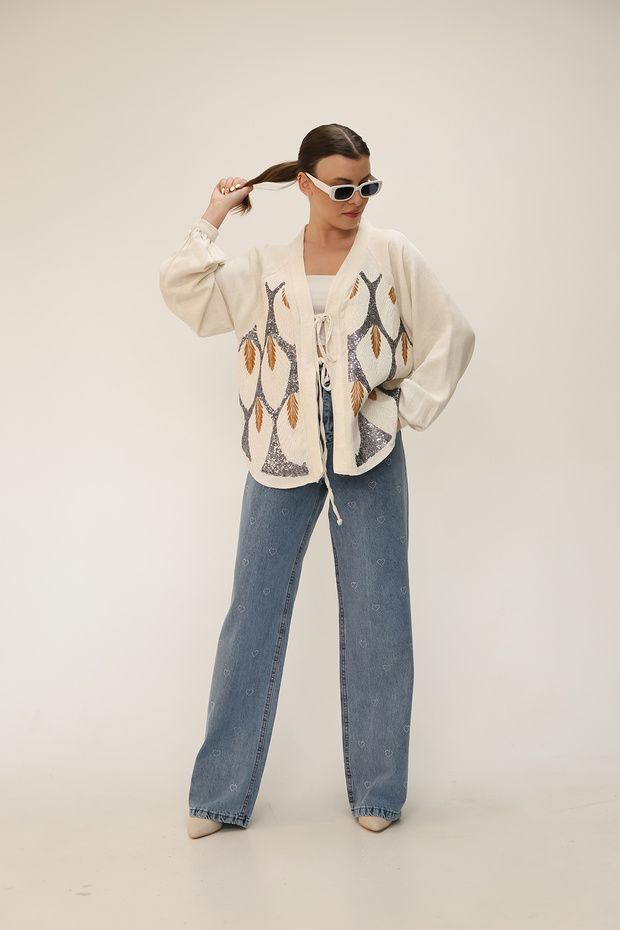 سترة منقوشة بالترتر من الكتان - 5