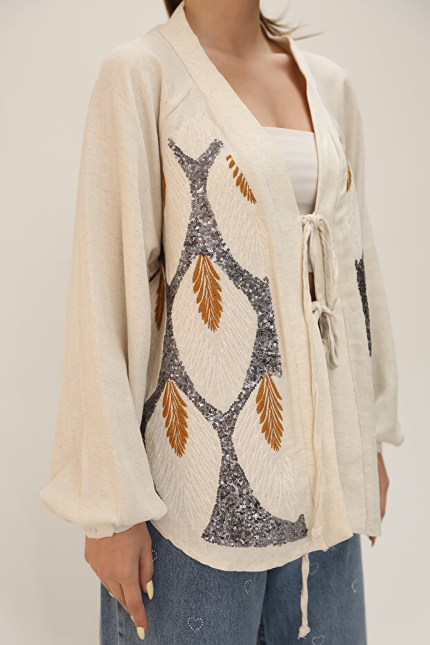 سترة منقوشة بالترتر من الكتان - 3