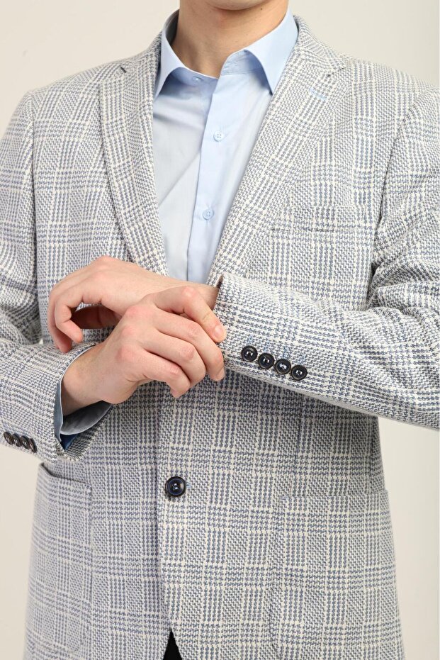 Bebe Mavi Ekose Mono Yaka Yarım Astar Torba Cep Blazer Tek Ceket Slim Fit | Agustini - 4