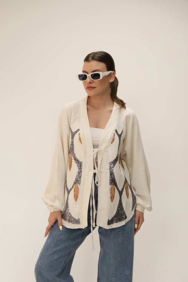 سترة منقوشة بالترتر من الكتان - 2