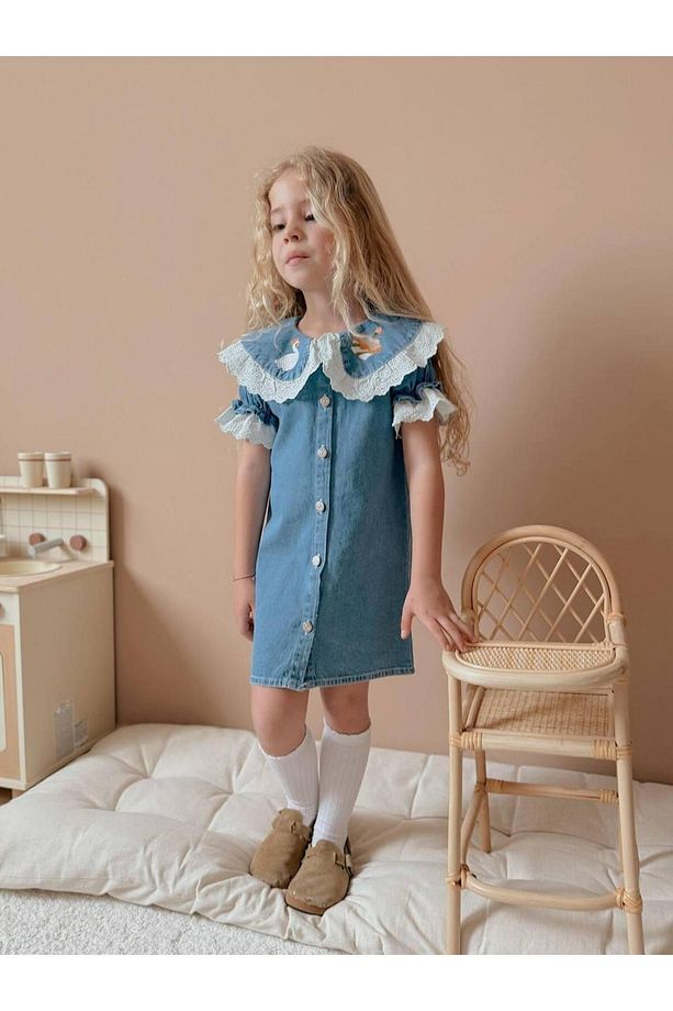 Yigit Butik Denim Kumaş Kısa Kollu Kız Çocuk Elbise - 3