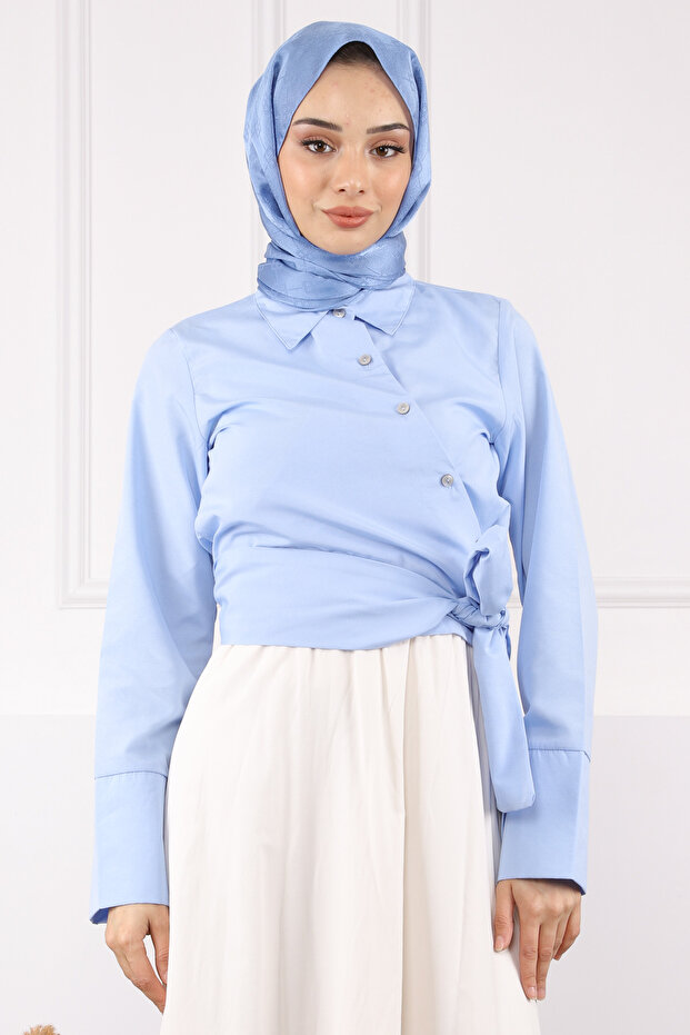 Baby Blue Tie Waist Crop Shirt
