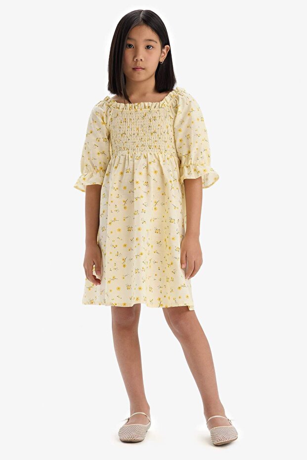 100% Cotton Patterned Short Sleeve Summer Dress for Girls E2643A825Sm