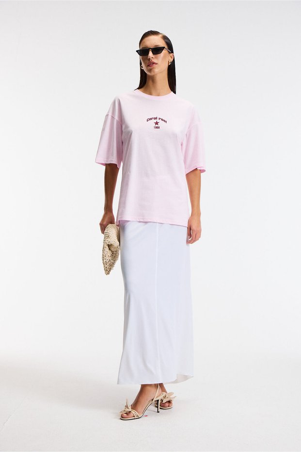 Tavena Women's 100% Cotton Printed Oversize Fit Short Sleeve Round Neck Pink T-Shirt