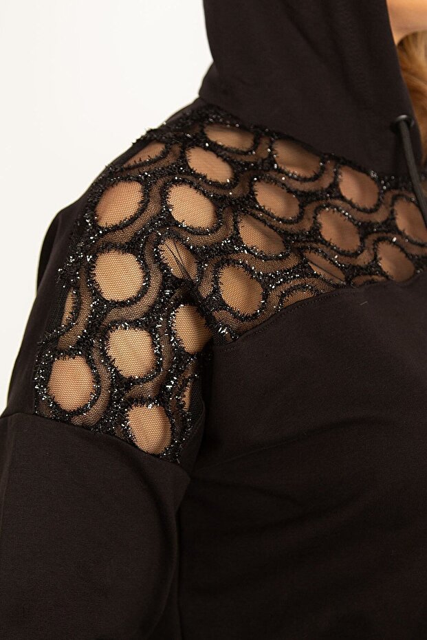 Women's Large Size Black Tulle and Sequin Detailed Kangaroo Pocket Sweatshirt 65n18834 - 5