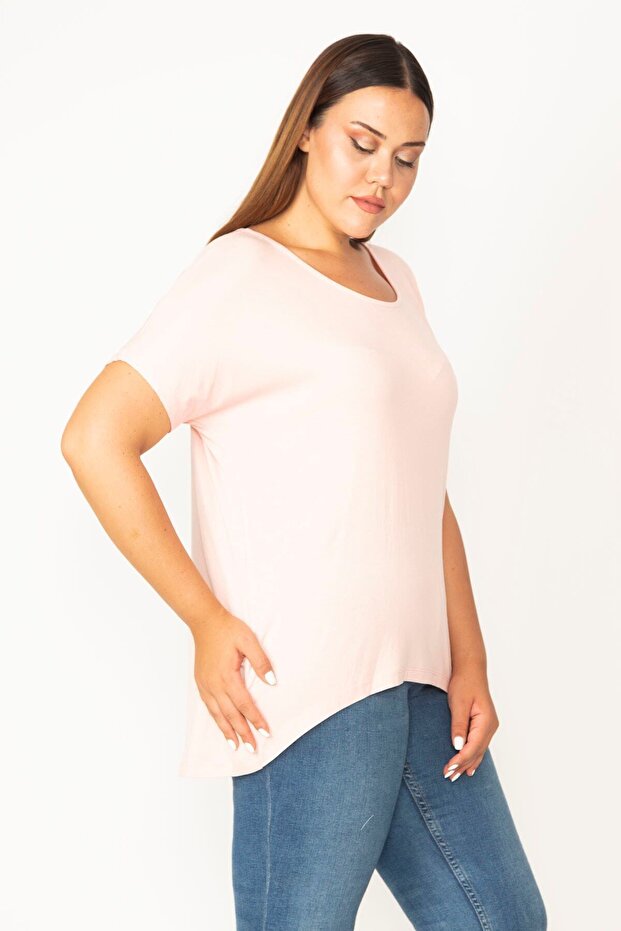 Women's Large Size Pink Crew Neck Long Back Short Sleeve Viskpn Blouse 65n27529