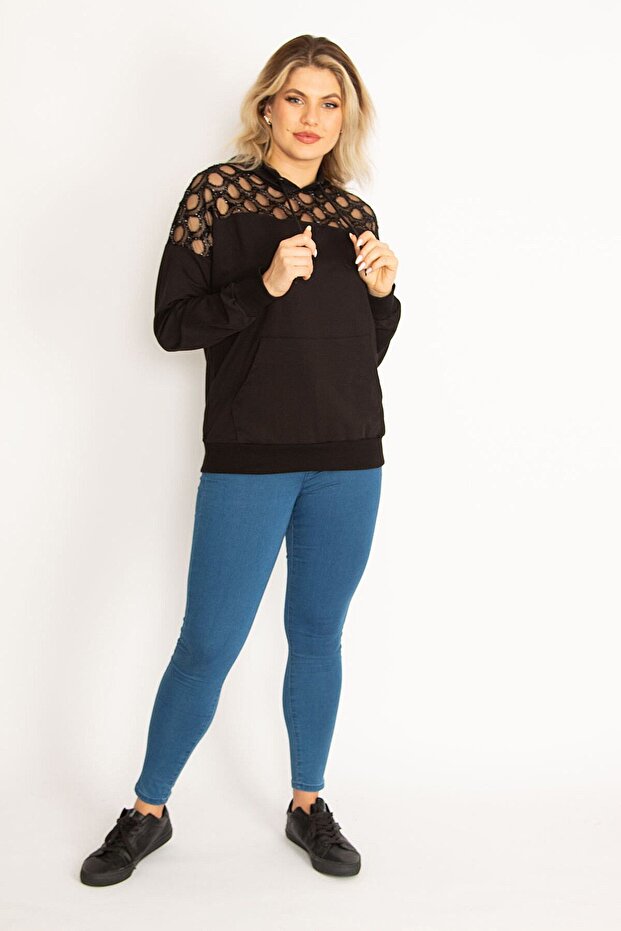 Women's Large Size Black Tulle and Sequin Detailed Kangaroo Pocket Sweatshirt 65n18834 - 6