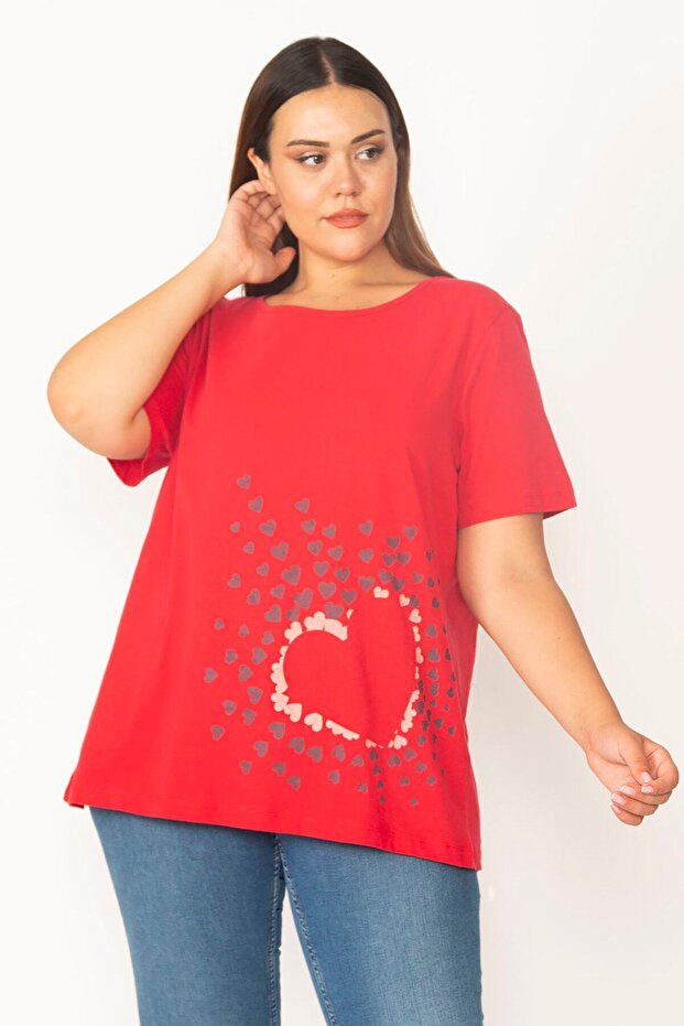 Women's Large Size Red Cotton Fabric Crew Neck Printed Blouse 65n27368