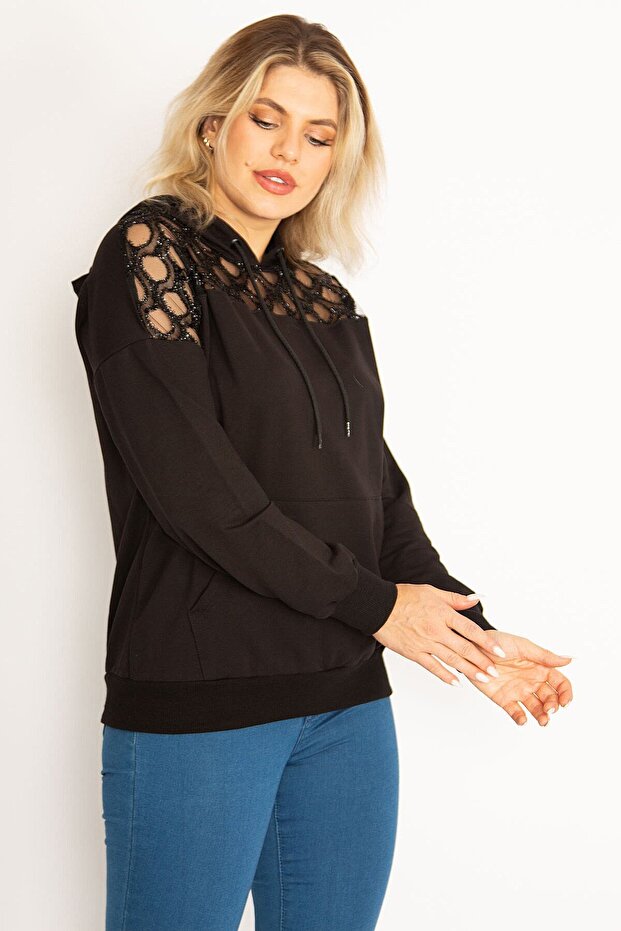Women's Large Size Black Tulle and Sequin Detailed Kangaroo Pocket Sweatshirt 65n18834 - 7