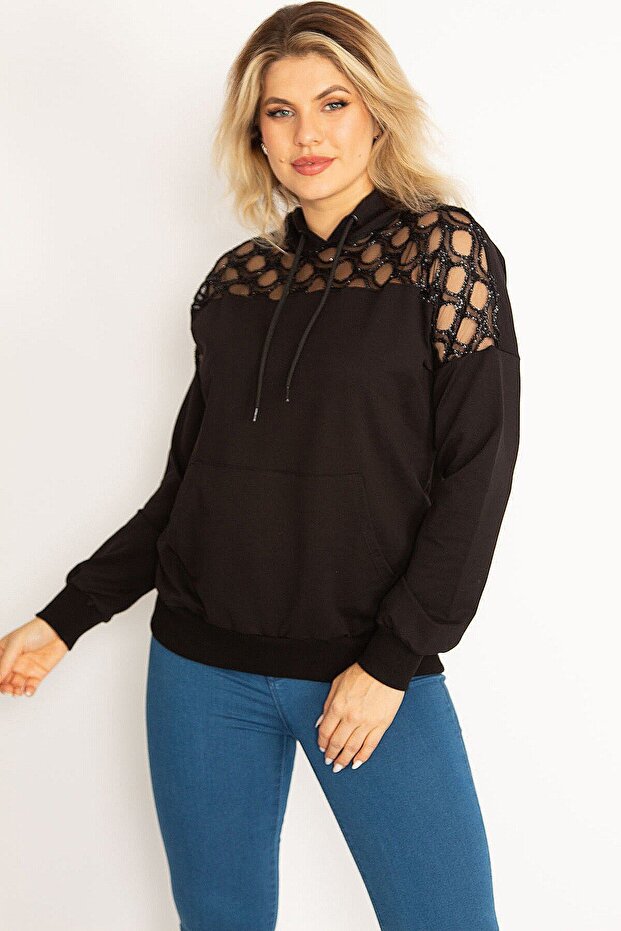 Women's Large Size Black Tulle and Sequin Detailed Kangaroo Pocket Sweatshirt 65n18834 - 1