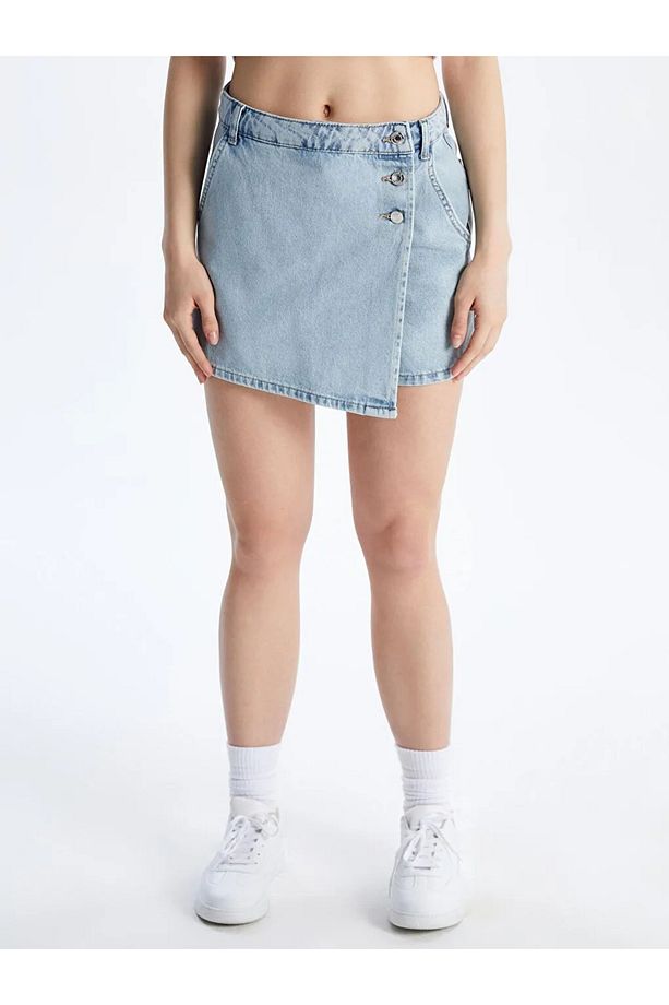 XSIDE Mavi Dar Fit Mini Jean Şort Etek - 2