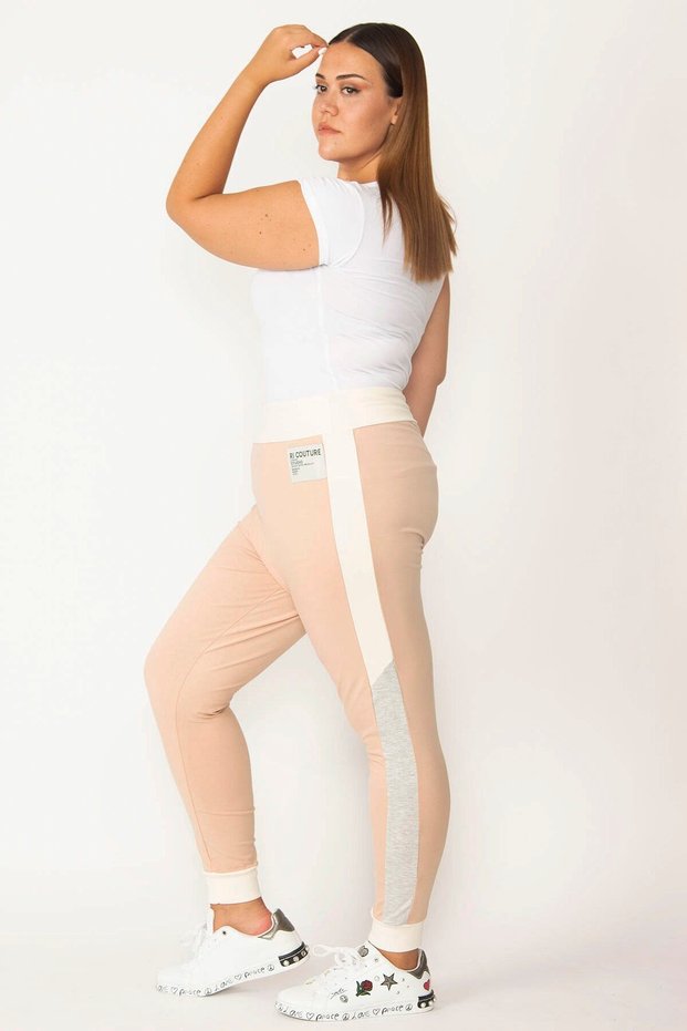 Women's Large Size Powder Leg Ribbed Side Stripe and Wide Belt Sports Trousers 65n27786