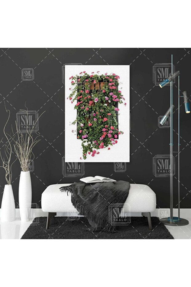 Pembe Çiçekli Pencere Bodrum Evi Dikey Kanvas Tablo - 1