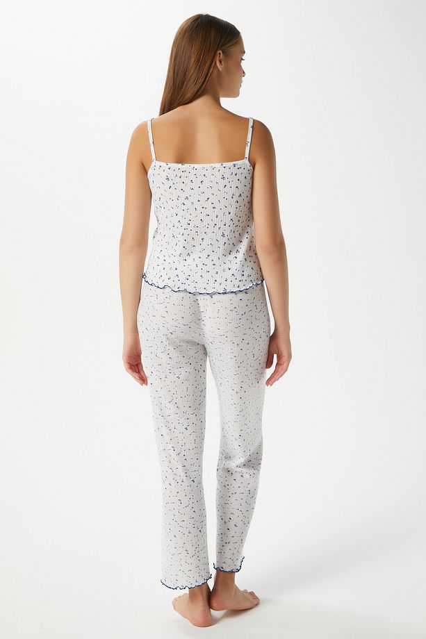 Kadın June Askılı Mavi Minik Çiçekli Alt Üst Pijama Takımı - 7