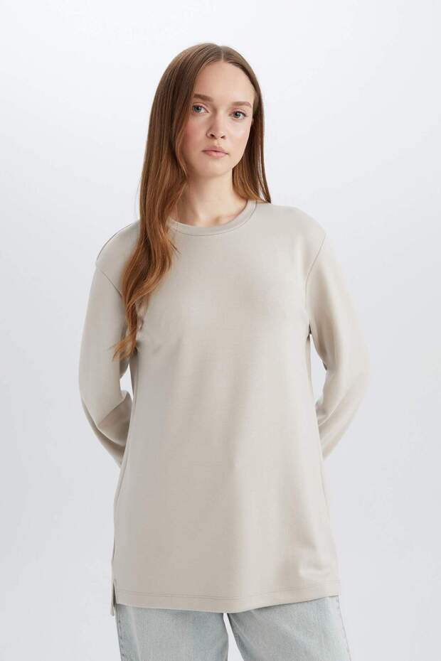 Regular Fit Crew Neck Basic Plain Black Sweatshirt Tunic D4598Ax25Sp - 3