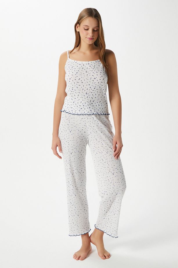 Kadın June Askılı Mavi Minik Çiçekli Alt Üst Pijama Takımı - 4