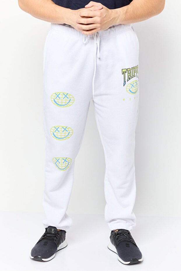 Men Relaxed Fit Graphic Print Sweatpants, White