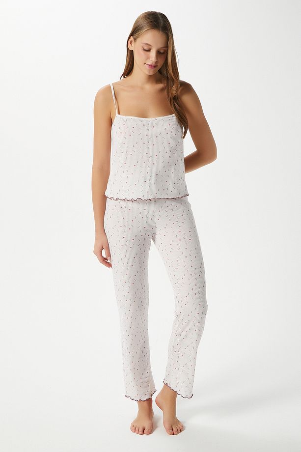Kadın June Askılı Ekru Minik Çiçekli Alt Üst Pijama Takımı - 2