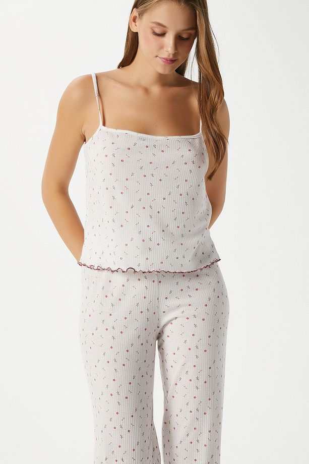 Kadın June Askılı Ekru Minik Çiçekli Alt Üst Pijama Takımı - 4