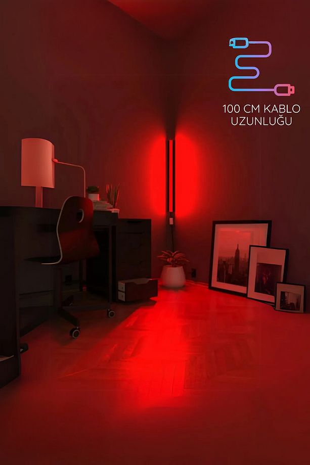 1 Metre Rgb Kumandalı Oda Ambiyans Aydınlatma Çubuk Led Çok Renkli Duvar Tak Çalıştır Aplik Pembe - 2
