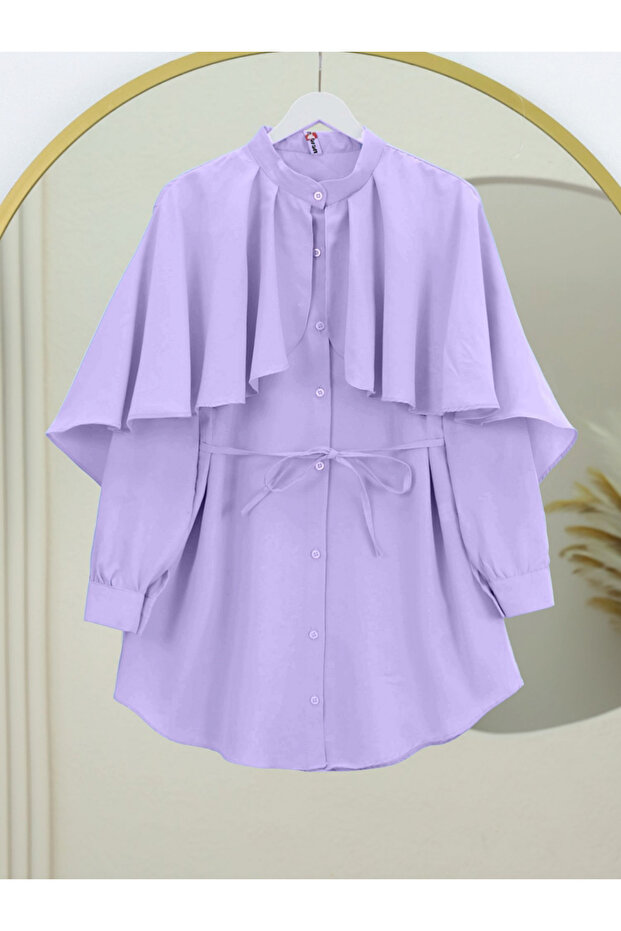 Poplin Shirt with Stand Collar and Cape Detail