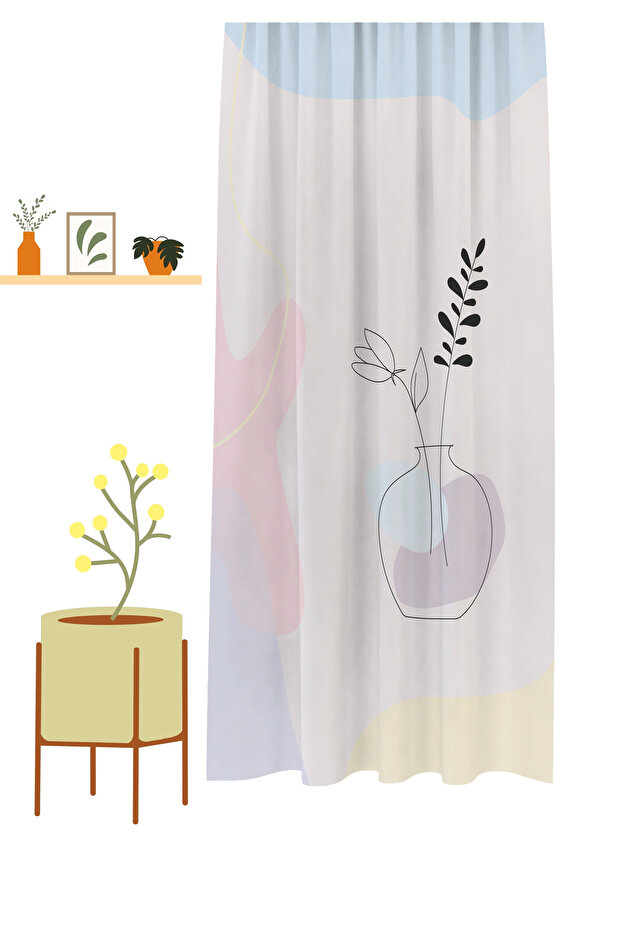 Bohem Vazo Çiçek Yaprak Desenli Özel Tasarım Dijital Baskılı (Tek Kanat) Soft Modern Şık Fon Perde - 3