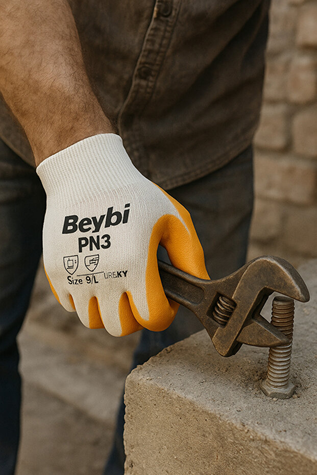 Beybi Pn3 İşçi Eldiveni L No:9 Polyester Örme Nitril Eldiven Sarı-Beyaz - 2