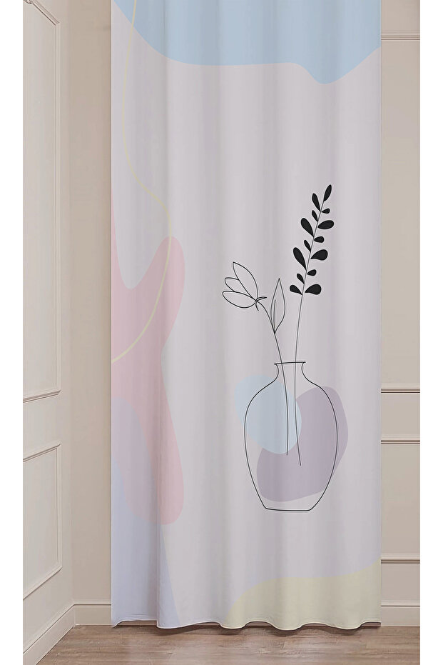 Bohem Vazo Çiçek Yaprak Desenli Özel Tasarım Dijital Baskılı (Tek Kanat) Soft Modern Şık Fon Perde - 4