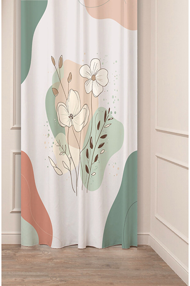Flower Leaf Green Beige Bohemian Patterned Special Design Digital Printed (Single Wing) Modern Stylish Background Curtain