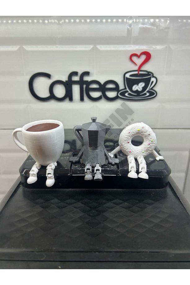 Sevimli Kahve Köşesi 3’lü Biblo Seti - Moka Pot - Bardak - Donut Dekoratif Obje - 1