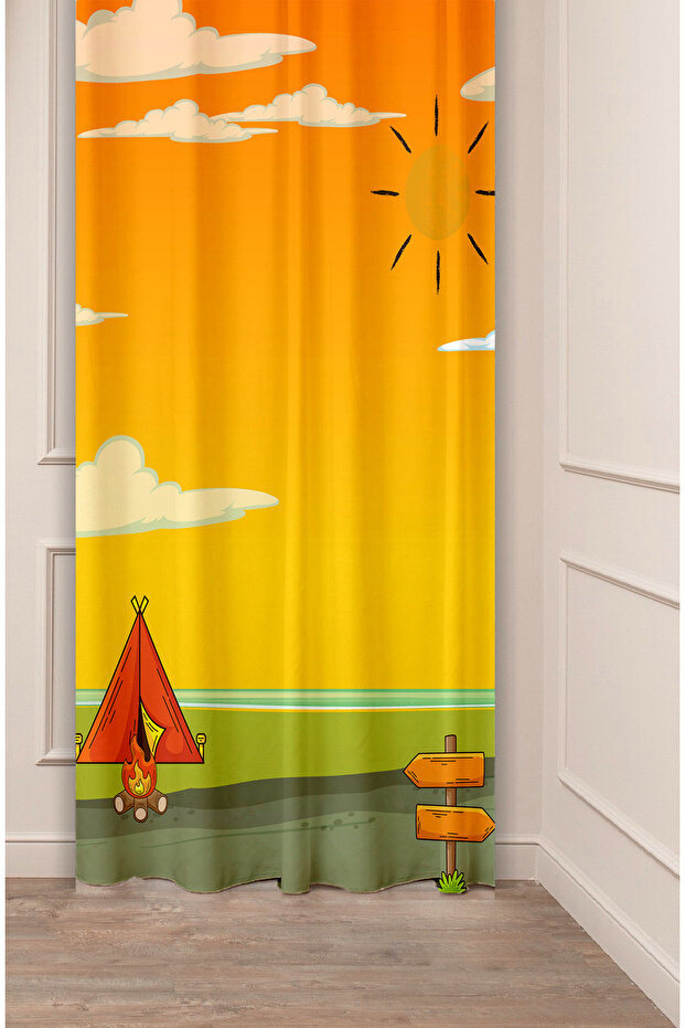 Camping Fire Forest Tent Sun Wood Water Special Design Patterned Digital Printed (Single Wing) Stylish Background Curtain