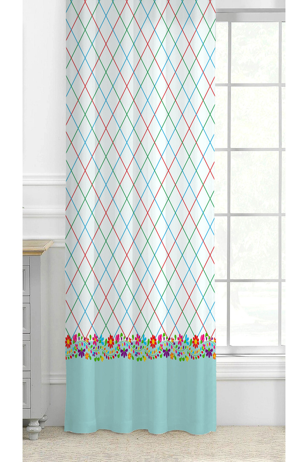 Flowers Leaf Square Geometric Lines Patterned Custom Design Digital Printed (Single Wing) Background Curtain - 2
