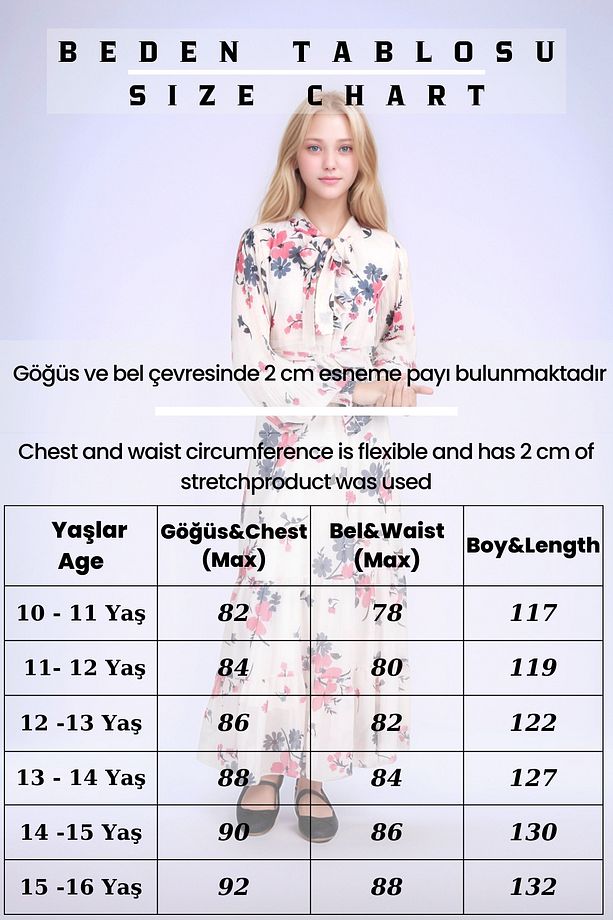 Kız Çocuk Uzun Çiçek Desenli Boydan Astarlı Tesettür Elbise - 3