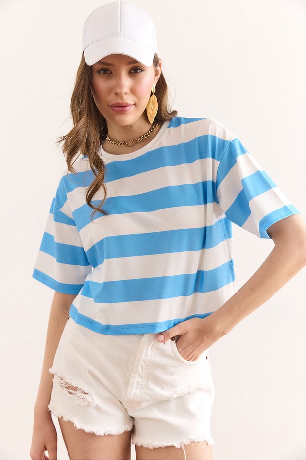 Women's Baby Blue Thick Striped Crop T-Shirt Tsh-19000891