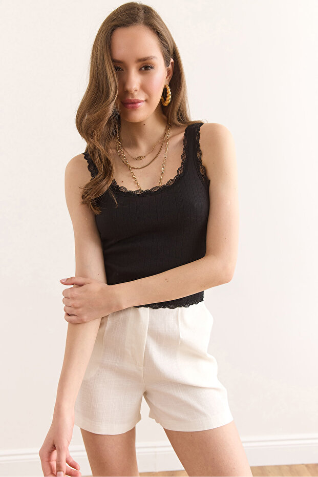 Women's Black Lace Detailed Openwork Cotton Crop Blouse Blz-19002941