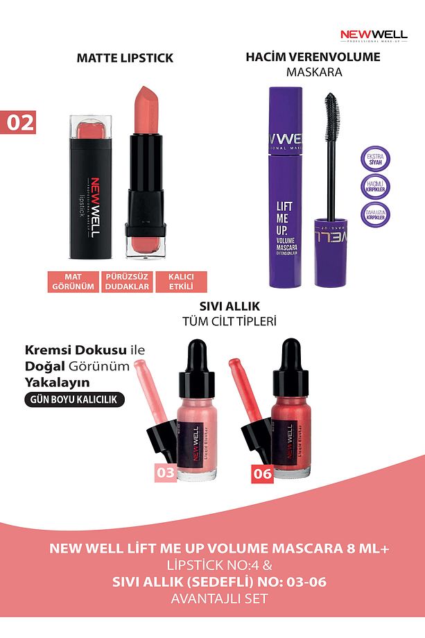 LIFT ME UP VOLUME MASCARA 8 ML+ LIPSTICK NO:4 & SIVI ALLIK (SEDEFLI) NO: 03-06 AVANTAJLI SET - 1