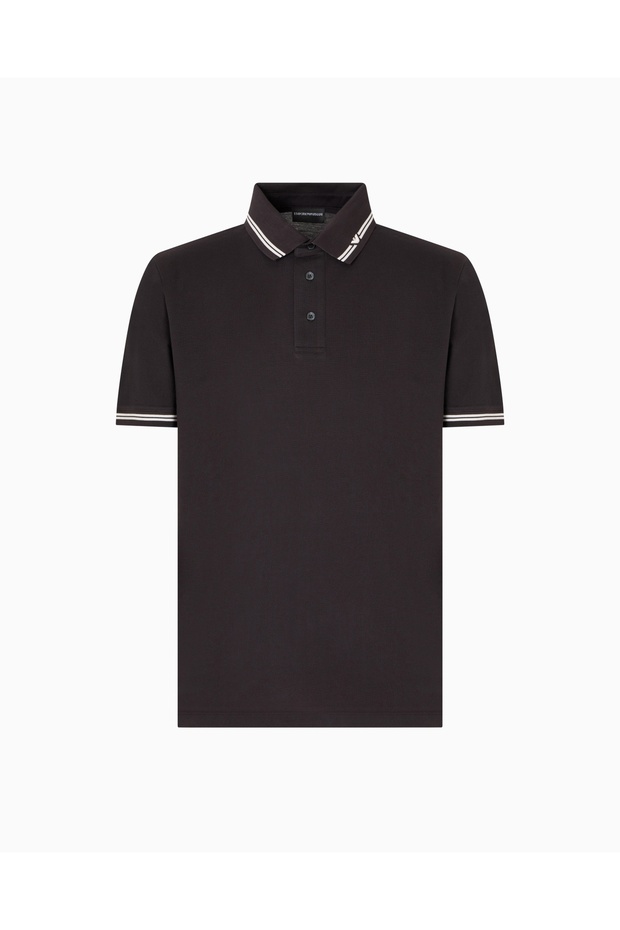 Men's Polo Neck Short Sleeve Buttoned Neck and Cufflinks Stripe Detail Black1 Polo Neck T-Shirt Em00085