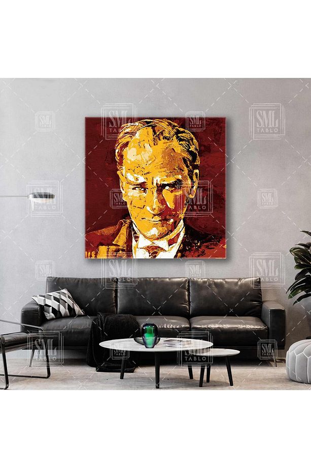 Mustafa Kemal Atatürk Sarı Kırmızı Galatasaray Kare Kanvas Tablo - 1