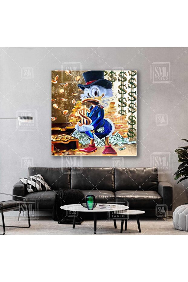 Varyemez Amca Ve Serveti Altın Dolar Kare Kanvas Tablo - 1