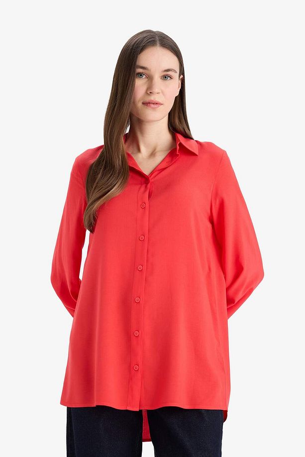 Regular Fit Basic Düz Viskon Uzun Kollu Gömlek Tunik D7352AX25SP - 3