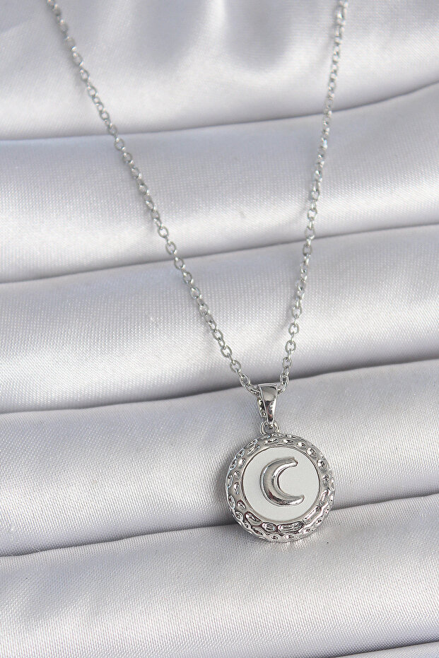 316L Steel Silver Color Chain White Enamel Crescent Embroidered Medallion Model Women's Necklace