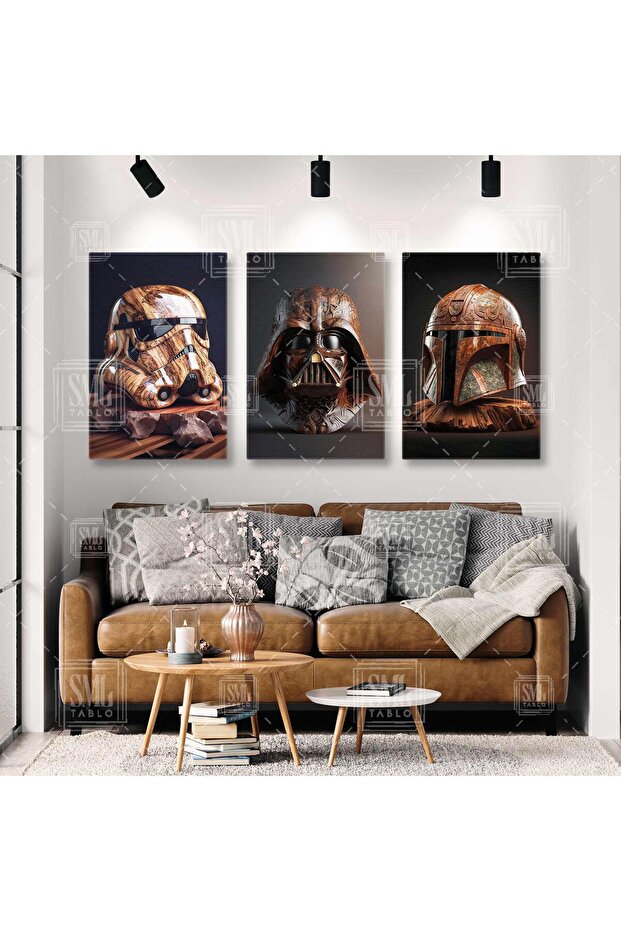 Star Wars Işlemeli Ahşap Art Deko Maskeler Mask Üçlü Kombin 3 Lü Set Kanvas Tablo - 1