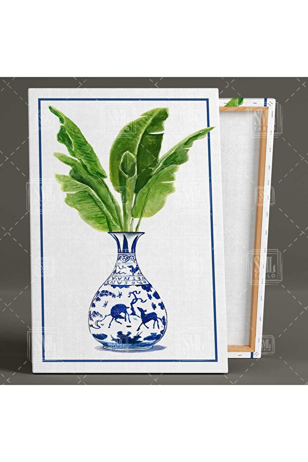 Çini Vazo Ev Bitkileri Minimal Sulu Boya Üçlü Kombin 3 Lü Set Kanvas Tablo - 4
