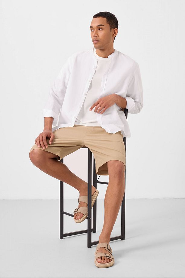 Koyu Bej Standart Fit Dokuma Hafif Esnek Chino Erkek Şort - 81289 - 7