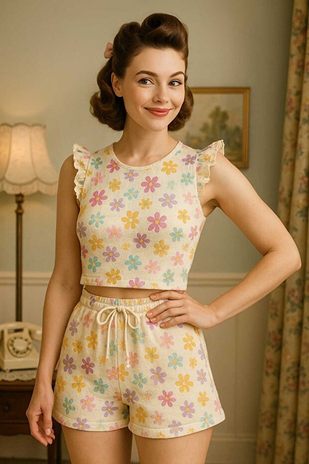 Retro Model Cream Daisy Patterned Wrap Shorts Set