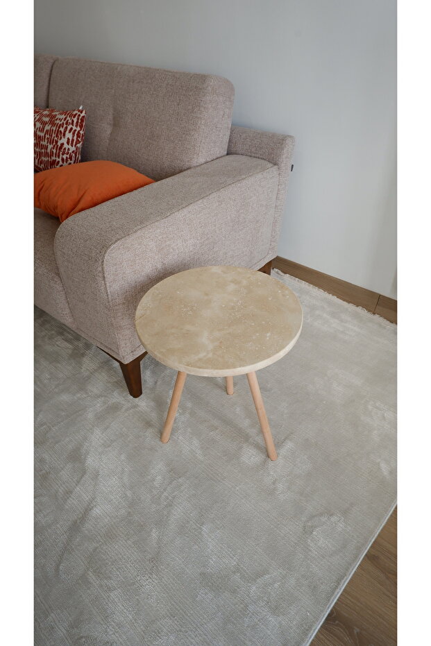 Gerçek Traverten Sehpa - Bej Ahşap Ayaklı - 1